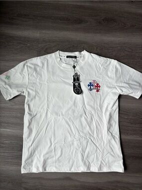 Chrome Hearts White Tee with Red, Blue & Pink Cross Motif